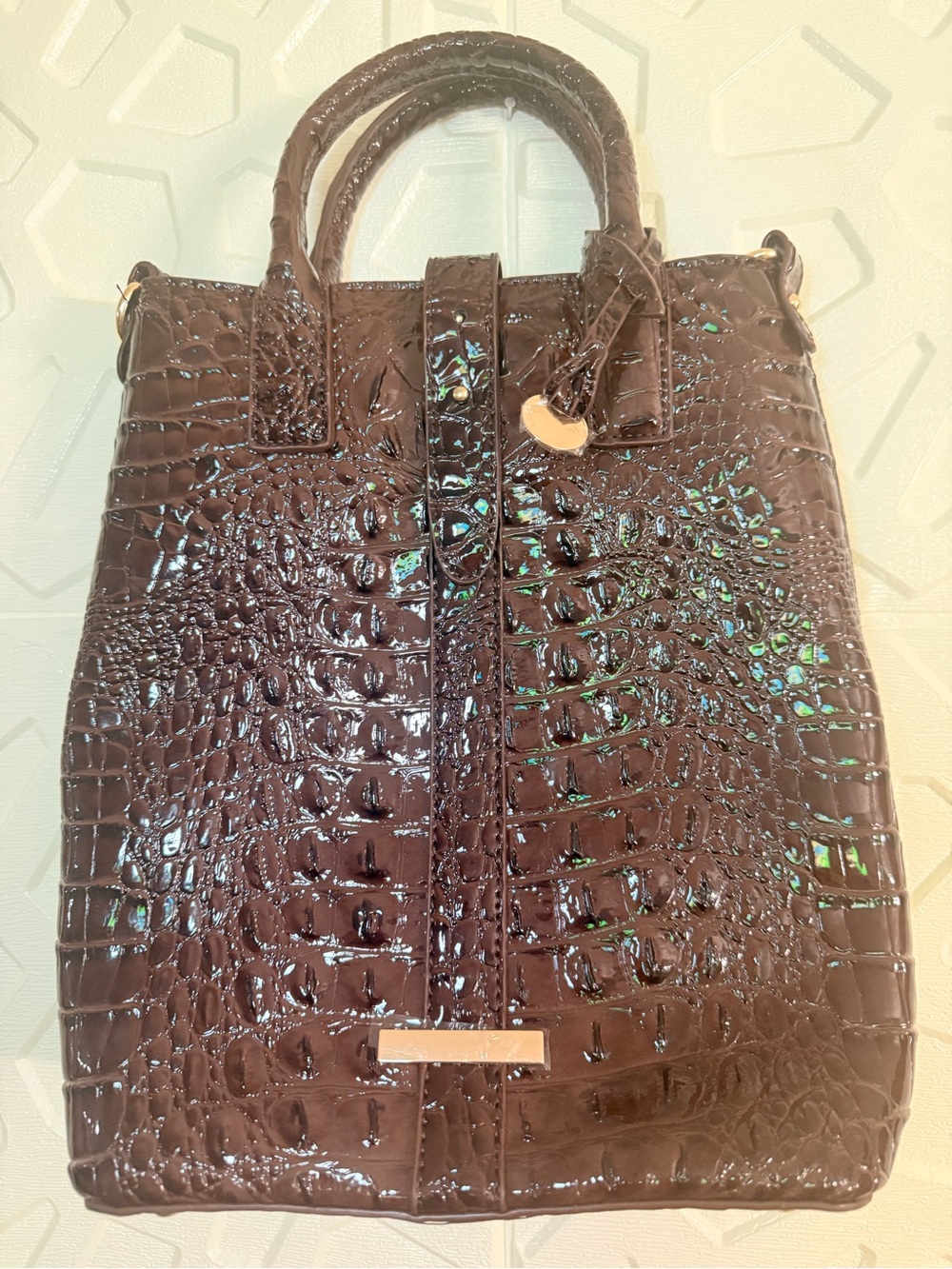 & Other Stories Dark Brown Croc-Embossed Patent Top-Handle Satchel